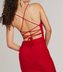 Sultry Status High Slit Ruched Bodycon Midi Dress