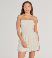 Lovely Nights Strapless Lace Ruffle Skater Dress