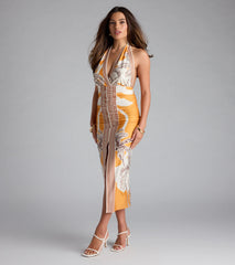 Vibrant Side Geometric Print Bodycon Midi Dress