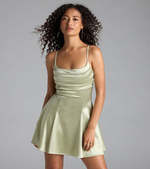 True Perfection Pleated Satin Skater Dress