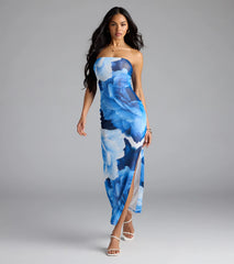 Grandeur Blooms Strapless Slit Floral Maxi Dress