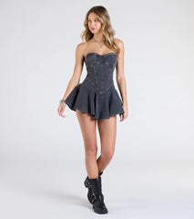 Uniquely Darling Strapless Pleat Skater Denim Mini Dress