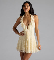 Flirty Girl Ruffled Halter A-Line Lace Mini Dress