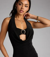 Own The Night Cowl Halter Mini Dress