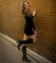 Chic Demure Ruched Mesh Long Sleeve Mini Dress