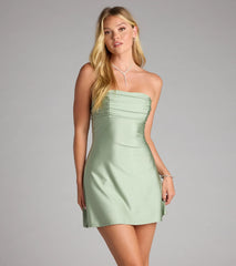 Chic Amore Strapless Pleated Satin A-Line Mini Dress