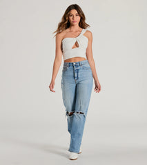 Here To Slay One-Shoulder Cutout Knit Crop Top