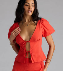 Easygoing Chic Puff Sleeve Tie Front Top