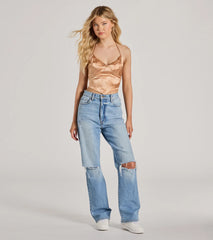 Romantic Effect Halter Tie Back Floral Satin Top