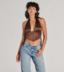 Edgy Luxe Satin Halter Cropped Corset Top