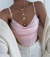 Sultry Night-Out Lace Trim Mesh Bustier Top