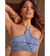 Western Star Halter Studded Denim Crop Top