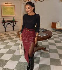 Chic Moment High-Slit Faux Leather Midi Skirt