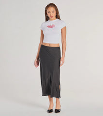 There She Goes High-Rise Slit Polka Dot Satin Midi Skirt