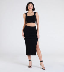 Elevated Era Ribbed Knit High Slit Midi Skirt