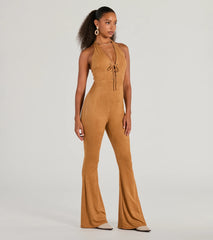 Eyes On Me Lace-Up Flare Faux Suede Jumpsuit