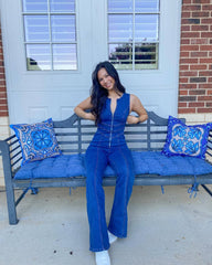 Heart Open Zip Up Flare Denim Jumpsuit