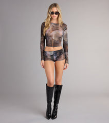 After Dark Abstract Print Mesh Crop Top