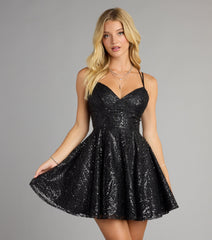 Linda Lace-Up Glitter Sequin Skater Party Dress