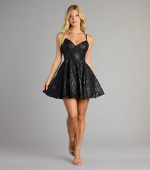 Linda Lace-Up Glitter Sequin Skater Party Dress