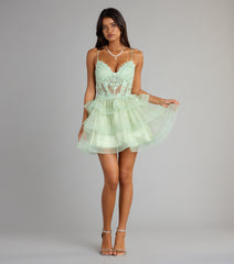 Viviana Floral Embroidered Corset Ruffled Skater Dress