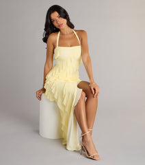 Blake Mesh Halter Slit Ruffle Formal Dress