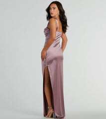 Kirsten Satin Cowl Neck High Slit Formal Dress
