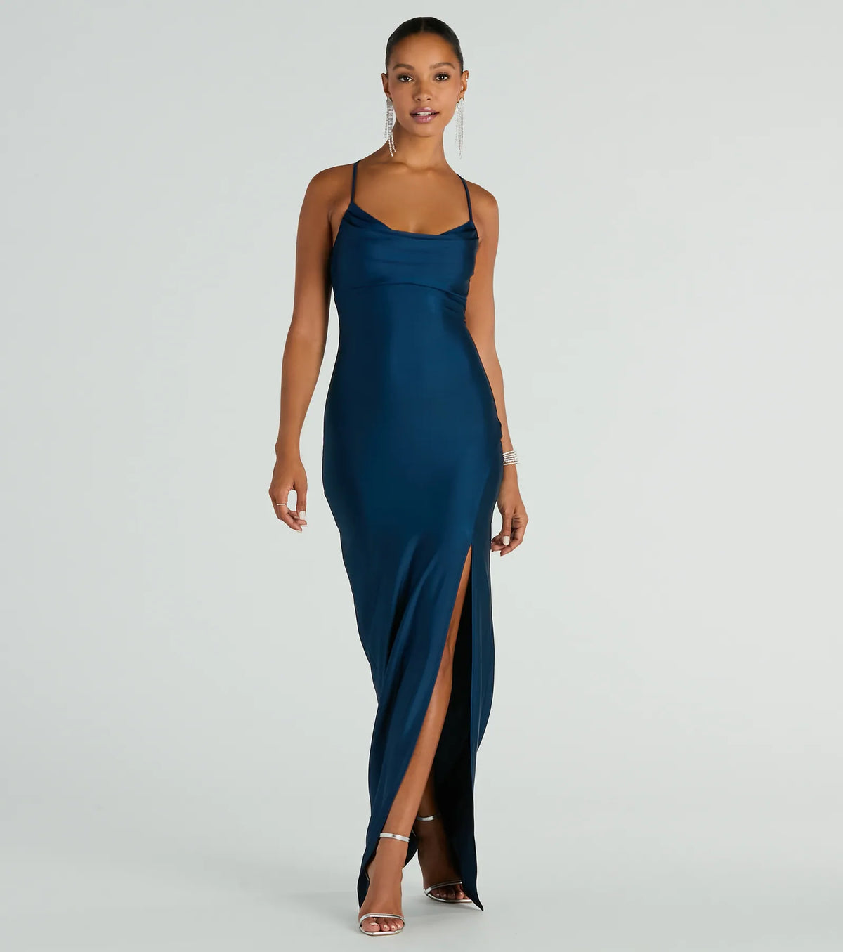 Natalie Cowl Neck Lace-Up Slit Column Dress