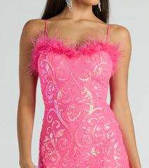 Cara Marabou Trim Mermaid Slit Sequin Formal Dress