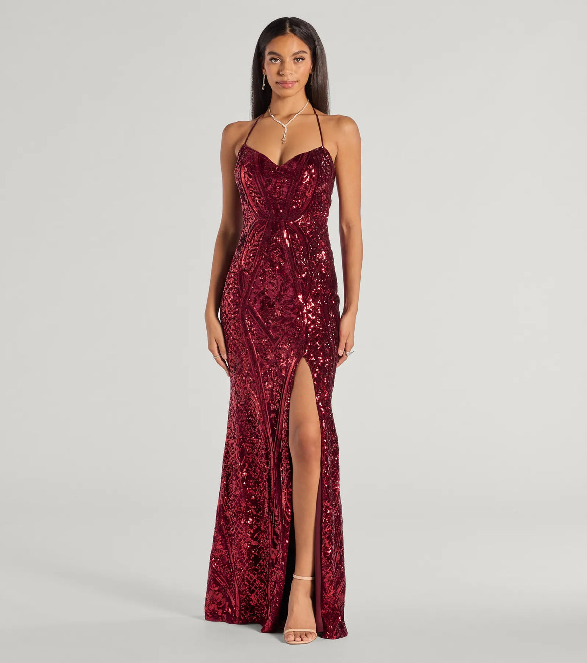 Meara Sequin Velvet Hight Slit Column Dress