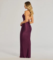 Natalie Cowl Neck Lace-Up Slit Column Dress