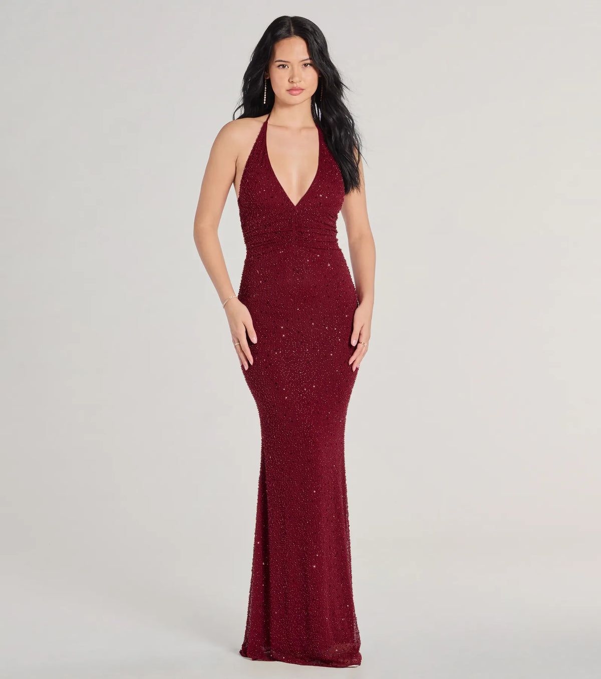 Blake Halter V-Neck Beaded Column Formal Dress