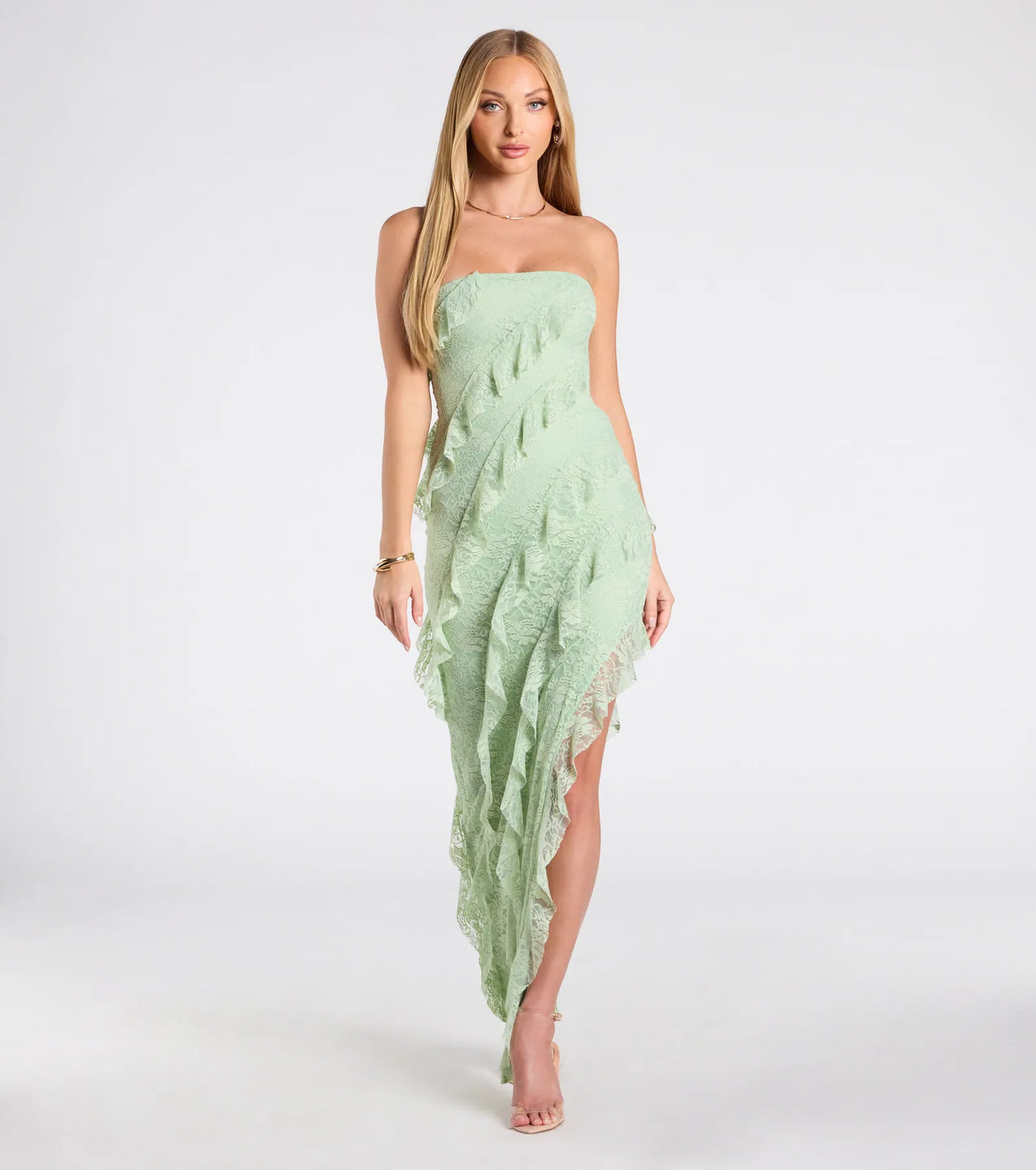 Ellie Ruffled Lace High Slit Formal Dress