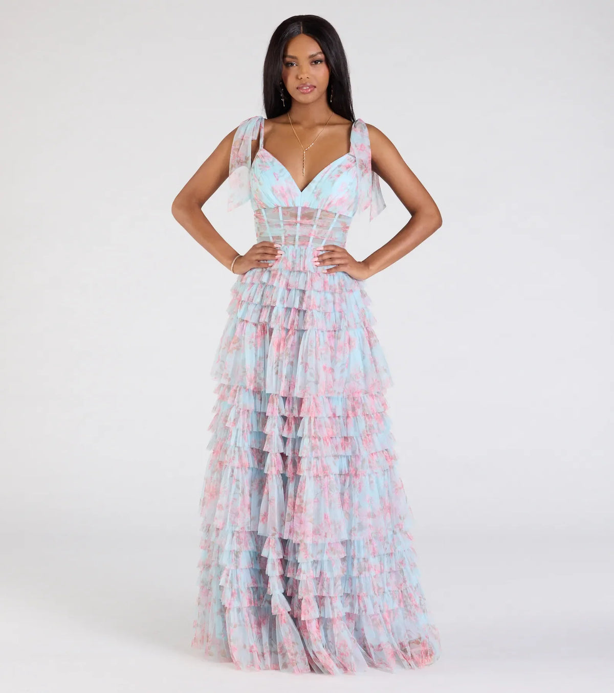 Catrina Corset A-Line Floral Mesh Formal Dress