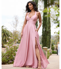 Abbey Lace-Up Slit A-Line Satin Formal Dress