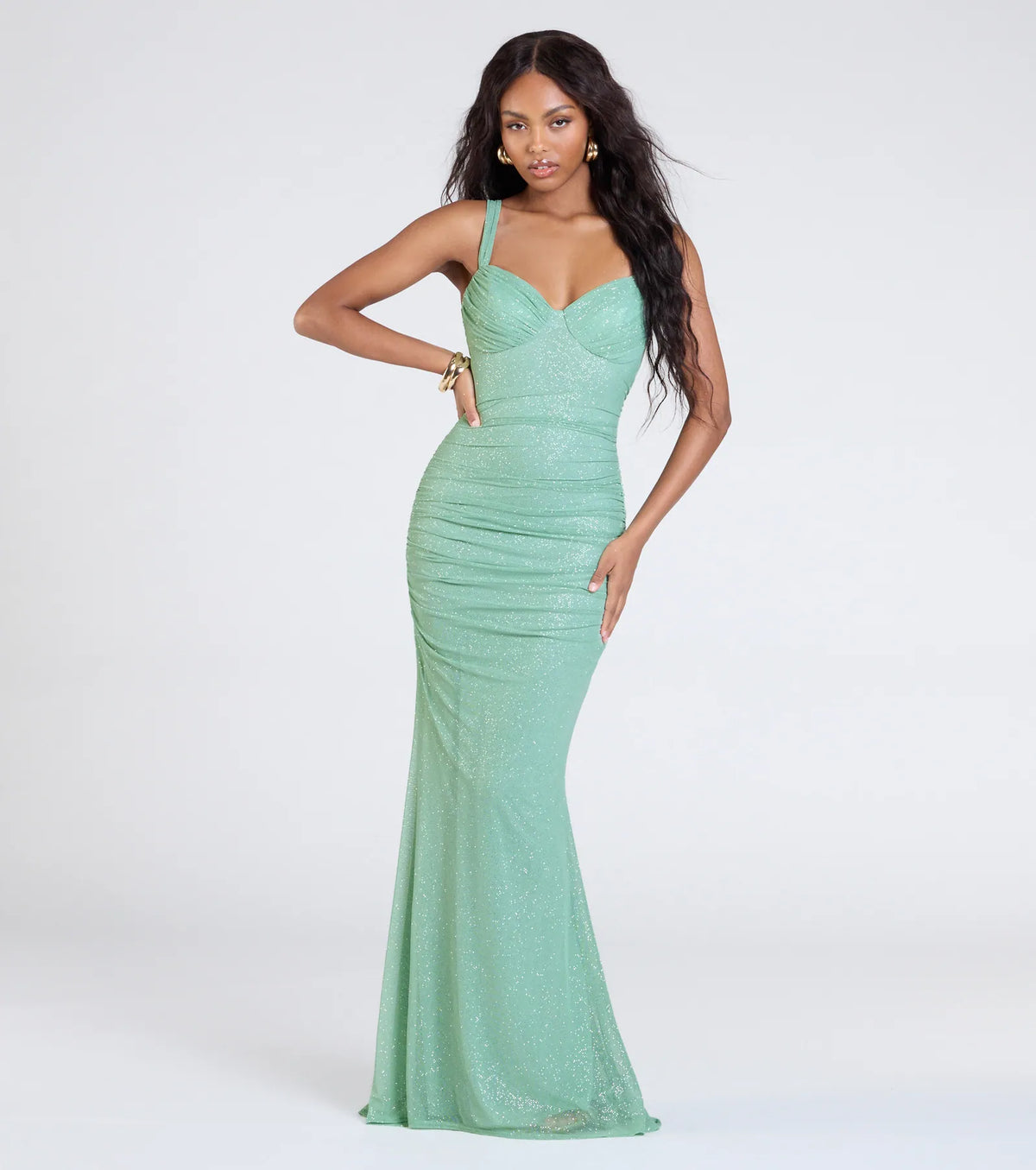 Jenna Lace-Up Ruched Mermaid Glitter Formal Dress
