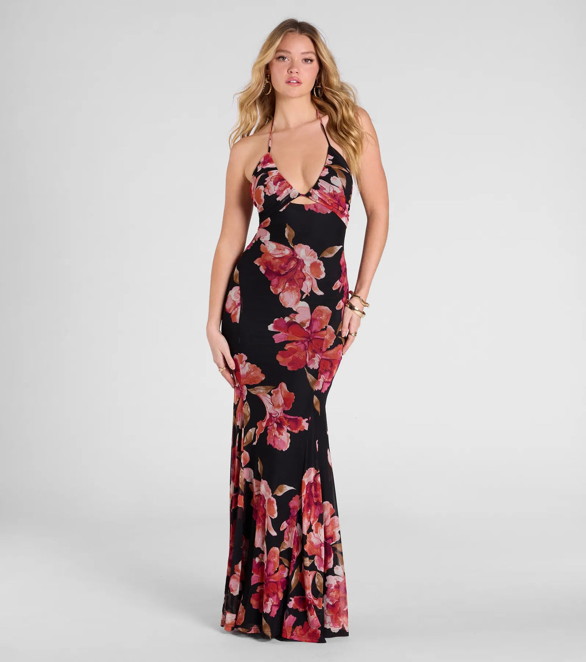 Malia Halter Mermaid Floral Mesh Formal Dress