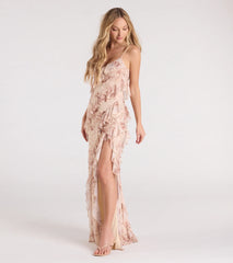 Sancia V-Neck Ruffle Slit Floral Formal Dress