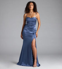 Catiana Cowl Neck Lace Slit Satin Formal Dress