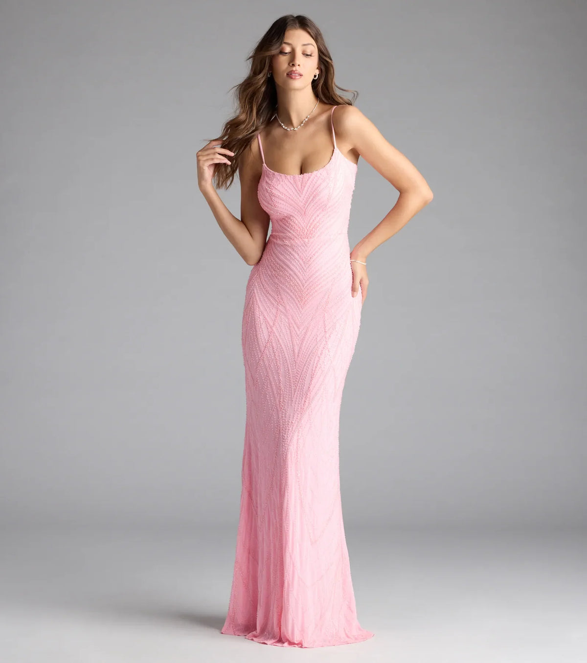 Betsey Lace-Up Mermaid Sequin Bead Formal Dress