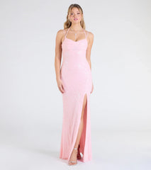 Kaitlyn Cowl Neck Slit Beaded Sequin Formal Dress