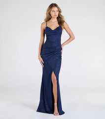 Johanna Cowl Neck Slit Glitter Formal Dress
