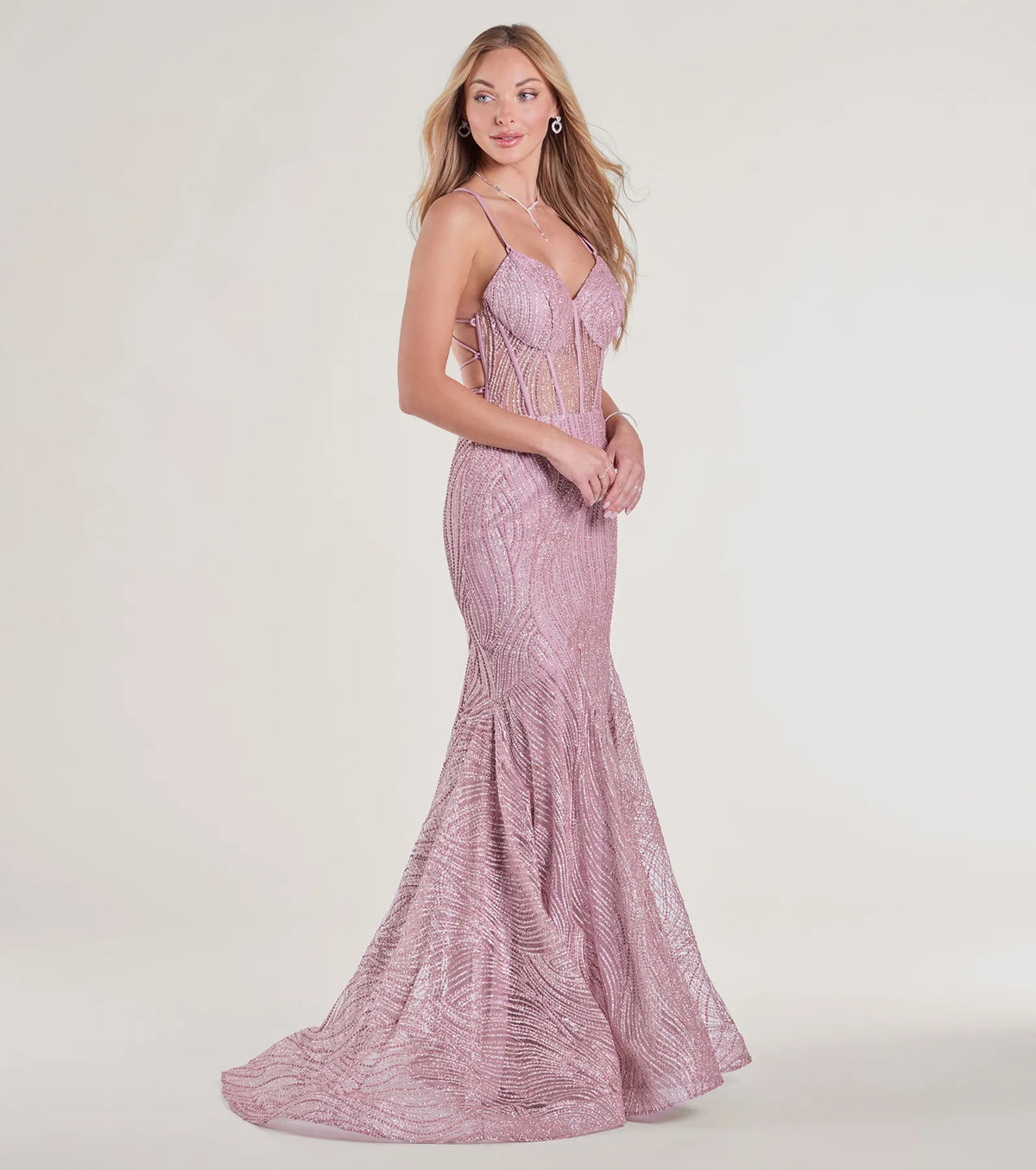 Loreli Lace-Up Glitter Striped Mermaid Gown