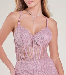 Loreli Lace-Up Glitter Striped Mermaid Gown