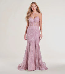 Loreli Lace-Up Glitter Striped Mermaid Gown