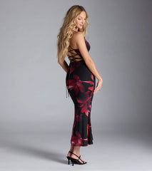 Captivating Floral Mesh Lace-Up Midi Dress