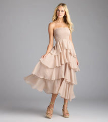 Breezy As Can Be Strapless Ruffled Midi Dress