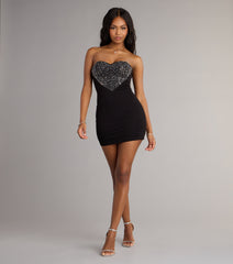 Love Game Rhinestone Heart Crepe Mini Dress