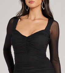 Chic Demure Ruched Mesh Long Sleeve Mini Dress