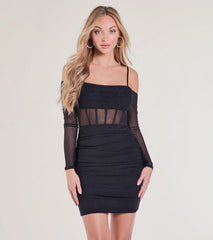 Hit The Town Off-The-Shoulder Rhinestone Mesh Mini Dress
